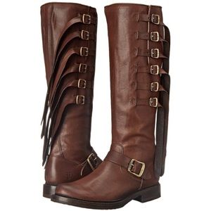 FRYE Veronica Strap Tall Moto Engineer Boots withTassels Size 7 in Brown NWOT